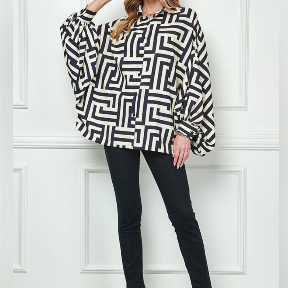 Alamia Black & Ivory Geometric Poet Long Sleeve Blouse, size Med - Picture 2 of 11
